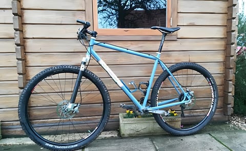 Singular Swift rigid steel 29er in pale blue leaning against a wooden cabin wall, fitted with On One carbon forks.