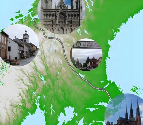 Route map of the Uppsala-Trondheim-Uppsala Randonnée brevet across Sweden and Norway, with town photos.