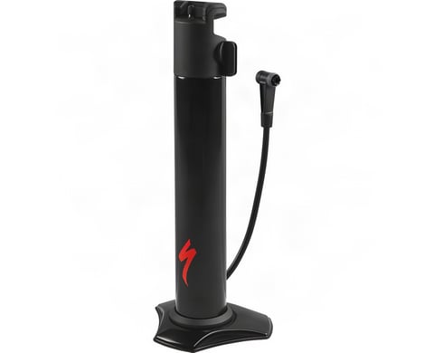 Specialized Air Tool Blast tubeless tyre setter, a black air canister with red logo, hose and wide base, on white.