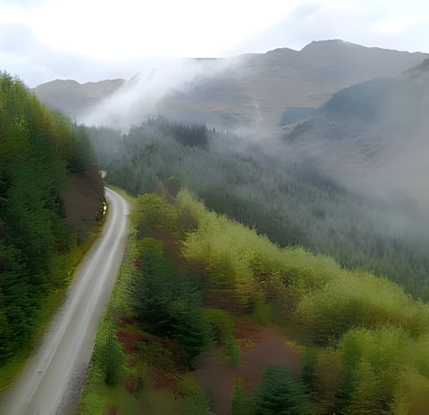 Narrow road winding along a forested hillside under low cloud on the Wild About Argyll Trail, Scotland.