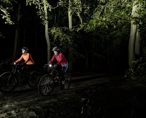 Two riders with front lights on bikes ride along a dark woodland trail on a gravel night ride.