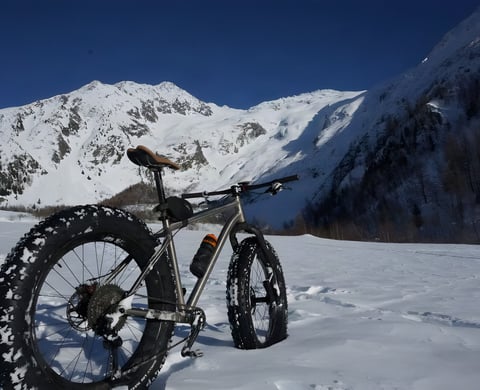 Travers Bat Fastard titanium fatbike standing in deep snow below snow-covered peaks in the Chamonix valley.