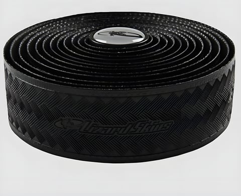 Lizard Skins DSP 3.2mm bar tape in black, rolled up with its textured, logo-embossed surface visible.