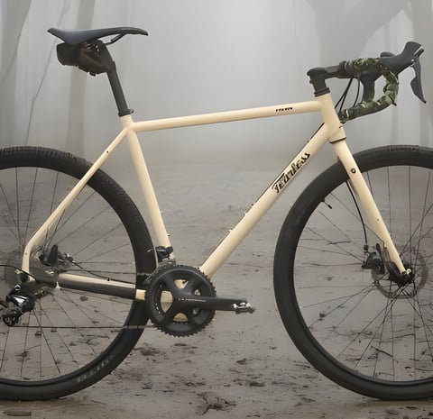 Fearless Vulture steel gravel bike in Quicksand with camouflage bar tape, standing in a misty wood.