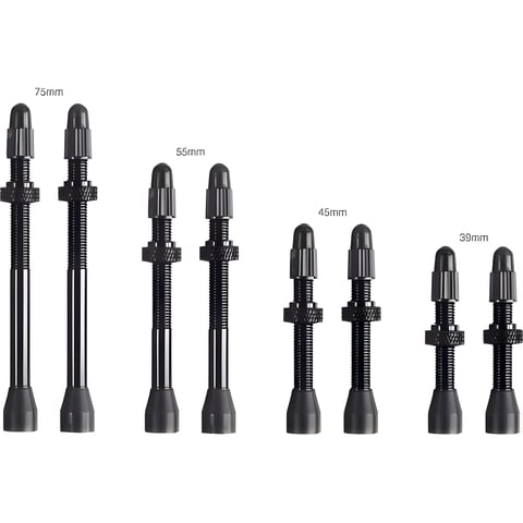 LifeLine tubeless Presta valves in black, shown in 75mm, 55mm, 45mm and 39mm lengths.