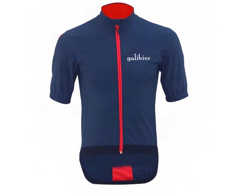 A navy Galibier Mistral Lite Foul Weather Jersey with red zip, high collar and short sleeves on white.