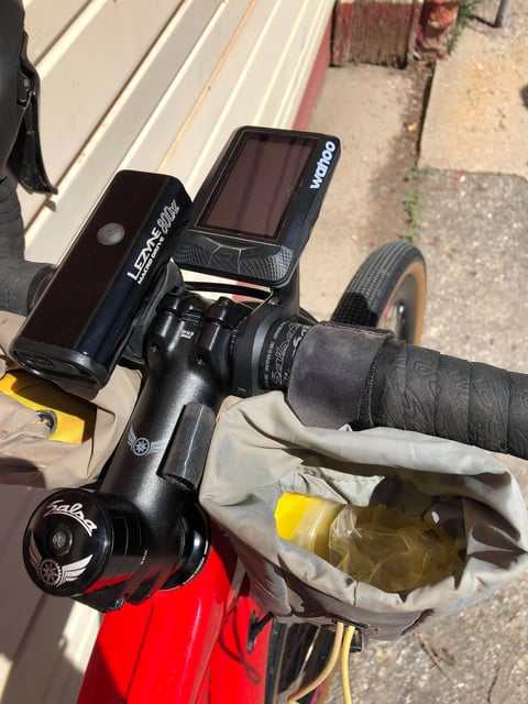 Salsa stem and bar tape with a Wahoo ELEMNT computer, Lezyne front light and handlebar bag on the Dirty Kanza Warbird.