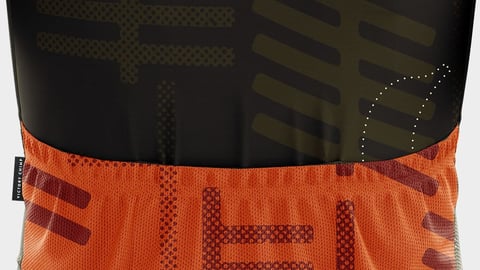 Close-up of the rear pockets of a Victory Chimp jersey, with a dotted banana outline marking where the fruit sits.