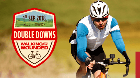 Double Downs flyer for the 1 September 2018 Walking With The Wounded South Downs cycling challenge, with a road cyclist.