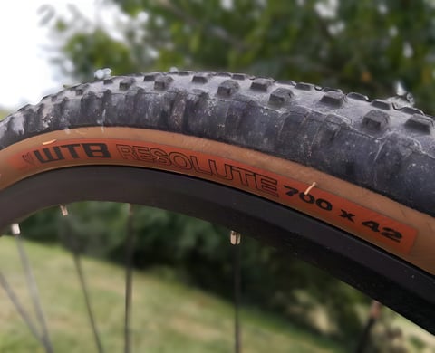 WTB Resolute 700 x 42 gravel tyre with tan sidewall and chunky tread, mounted on a bike outdoors.