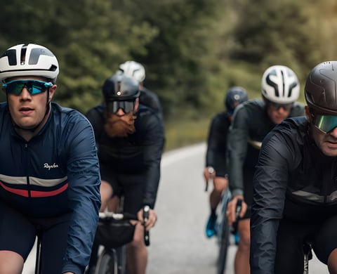 Group of cyclists in jackets and helmets ride close together on a wooded road, promoting the Velochef gravel trip.