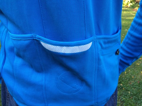 Rear of the Endura Pro SL jersey in blue, showing the open back pockets and reflective strip on the middle pocket.