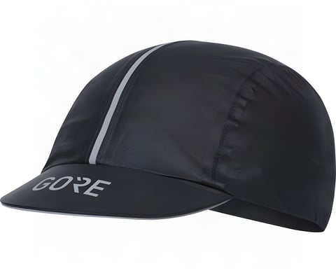 Gore C5 Gore-Tex Shakedry cycling cap in black with a reflective centre stripe and logo on the peak, studio shot on white.