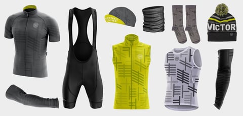 Victory Chimp Ogham kit in Stone Grey and Chartreuse: jersey, bibs, gilet, base layer, cap, buff, socks and hat.