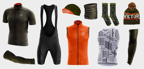 Victory Chimp Ogham kit in Olive Green and Orange: jersey, bibs, gilet, base layer, cap, buff, socks and hat.