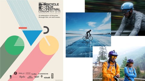 Bicycle Film Festival London poster for 22-25 November, with a cyclist on a frozen lake and riders in helmets.