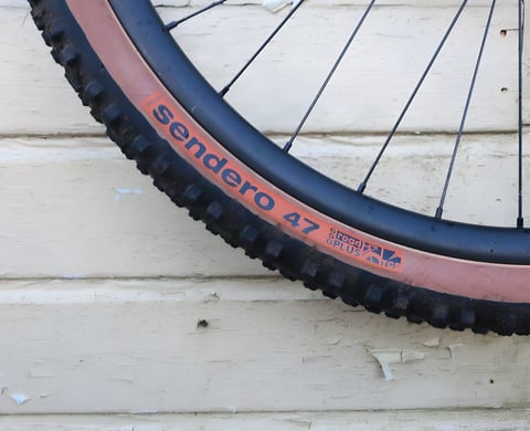 WTB Sendero 47 Road Plus tyre, tanwall sidewall and knobbly tread, on a wheel against a cream painted wooden wall.