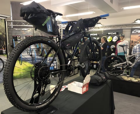 Bikepacking-ready mountain bike with Schwalbe Nobby Nic tyres on display at the CoreBike 2019 trade show.
