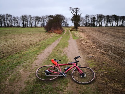 Sonder Camino AL with an orange saddlebag lying on a double-track path across open farmland.
