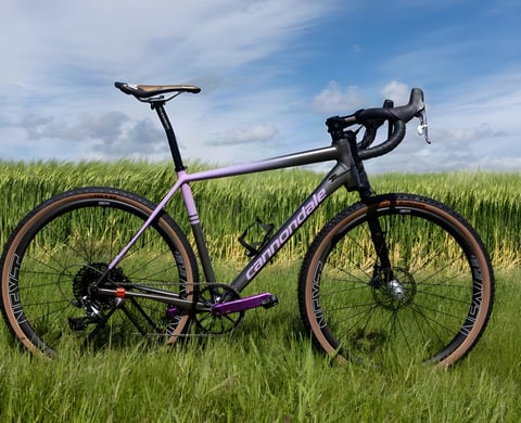 Cannondale Slate in lilac and grey Grinduro colours, parked in a field with 650b wheels and tan-wall tyres.