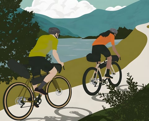 Illustrated poster of two riders on loaded gravel bikes on a lakeside track, made for The Distance bikepacking event.