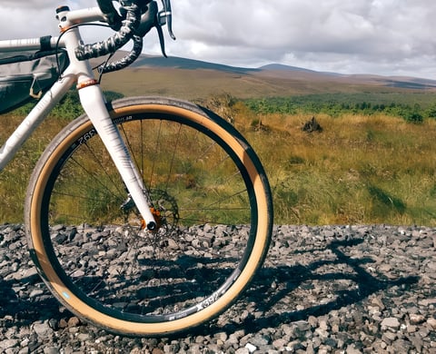 Rene Herse Switchback Hill 650B x 48 tyre on a DT Swiss X392 rim, white gravel bike on a stony track.