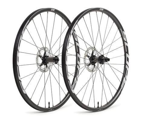Scope O2 gravel wheelset, front and rear, with disc rotors, centre-lock hubs and white logos on black rims.