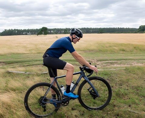 Rider in 7mesh MK3 bib shorts and a blue jersey rides a gravel bike across grassy heathland.