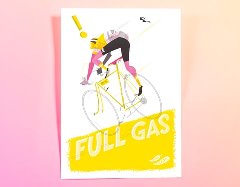 Full Gas print of a cyclist in a yellow jersey racing hard on a yellow bike, from Rune Creative.