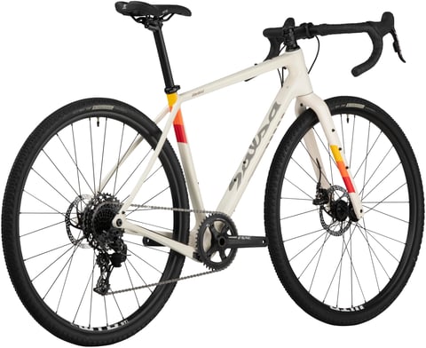 White Salsa Warbird Apex 1 from the rear three-quarter view, with orange and red fork decals.