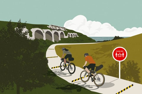 Illustration of two bikepackers riding apart past a red "Please keep 2m apart" sign, for The (Socially) Distance(d) 2020.