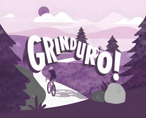 Purple Grinduro banner artwork of a rider on a gravel track between pine trees, announcing the 2020 move to Wales.