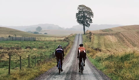 Two Skåne500 riders cycle a gravel road towards a lone tree through misty farmland in southern Sweden.