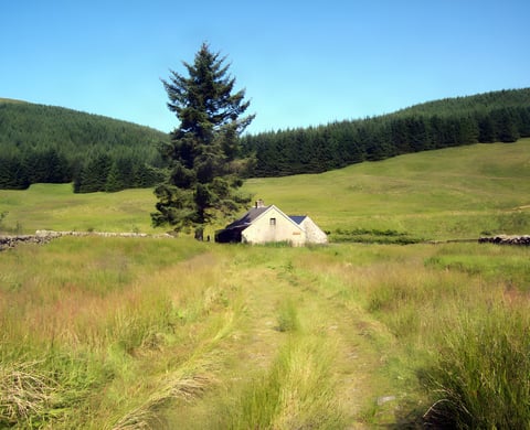 Over Phawhope Bothy, a small stone cottage beside a tall conifer below forested hills, reached by a grassy track.