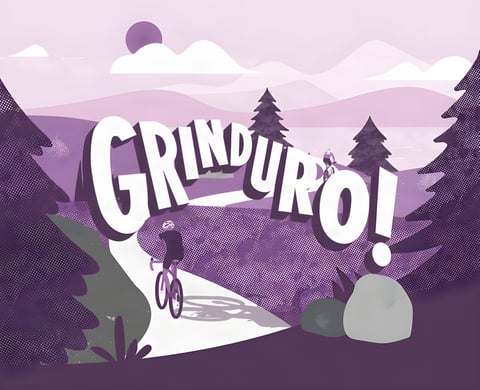 Purple Grinduro poster artwork of a rider on a gravel track between pine trees, heading the Swiss postponement news.