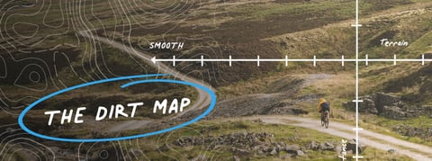 The Dirt Map banner: a rider on a gravel track across moorland with terrain axis and a circled title overlaid.