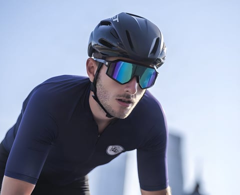 Cyclist in a navy jersey and helmet wears SunGod Vulcans FF sunglasses from the Pace Series, with a mirrored lens.