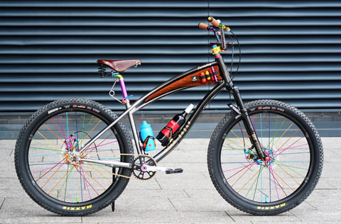 Dear Susan's Meerkat Hooptie Dynaplug bike, a Deep Custom cruiser with rainbow spokes and a tan frame bag.