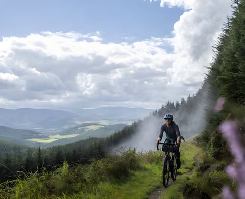 Rider on a gravel bike with a handlebar bag on a forest singletrack above a valley, for The (Socially) Distance(d) bingo.