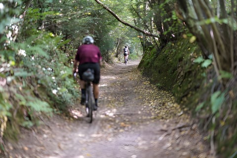 Two riders ride a leaf-strewn sunken track between wooded banks during the Great British Escapade.