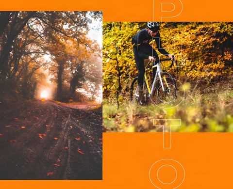 AUTMNL ADVNTR photo challenge graphic with a leaf-strewn autumn track and a gravel rider in yellow woodland.
