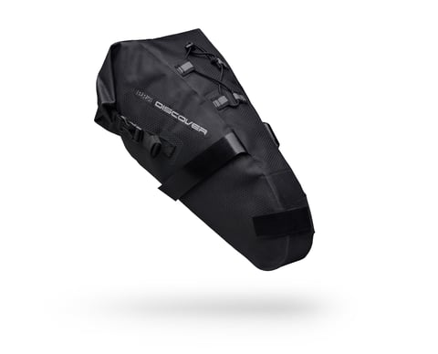 PRO Discover Team seatpost bag in black with bungee cord across the top, on a white background.