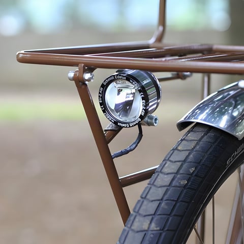 Brown Pass and Stow front rack with a Schmidt Edelux dynamo light mounted below the platform.