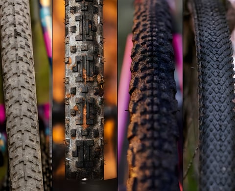 Four close-ups of muddy, knobbly tread patterns from winter gravel bike tyres, shown side by side.