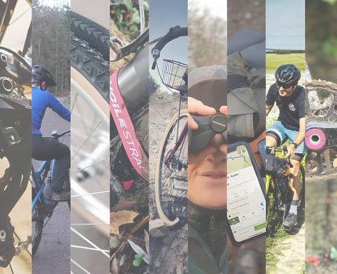 Collage of 2020 gear of the year picks: Microshift derailleur, Voile strap, Olympus binoculars, tan-wall tyres and riders.