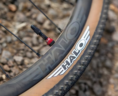 Halo GXC gravel tyre with tan sidewall fitted to a Halo rim, close up of the logo and valve.