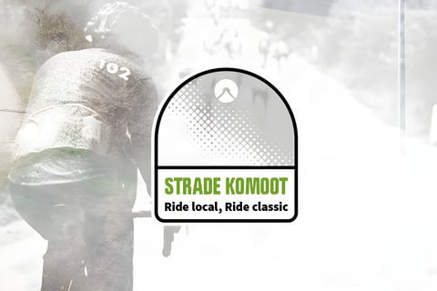 Strade komoot logo reading 'Ride local, Ride classic' over a faded image of a mud-covered rider.