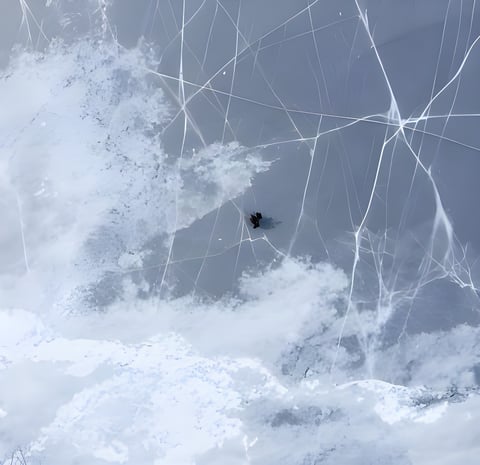 Cracked ice on frozen Lake Baikal with a tiny cyclist at its centre, from the Whiteout short film.