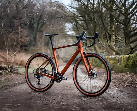 Ribble Gravel SL carbon gravel bike in orange with tan-wall tyres on a woodland track, one of four new Ribble models.