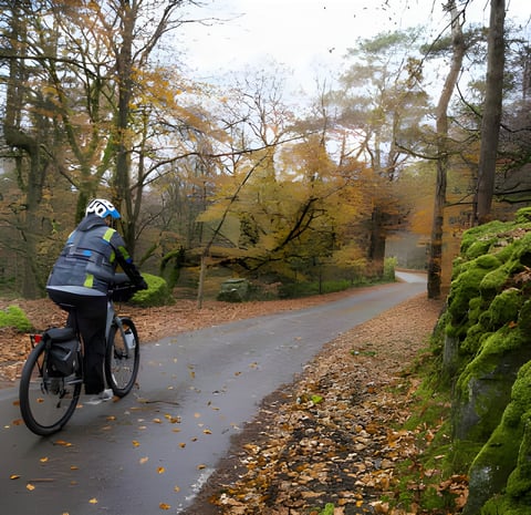 Rider with panniers on a wet autumn lane in North Wales, from the Back on the Bike short film.